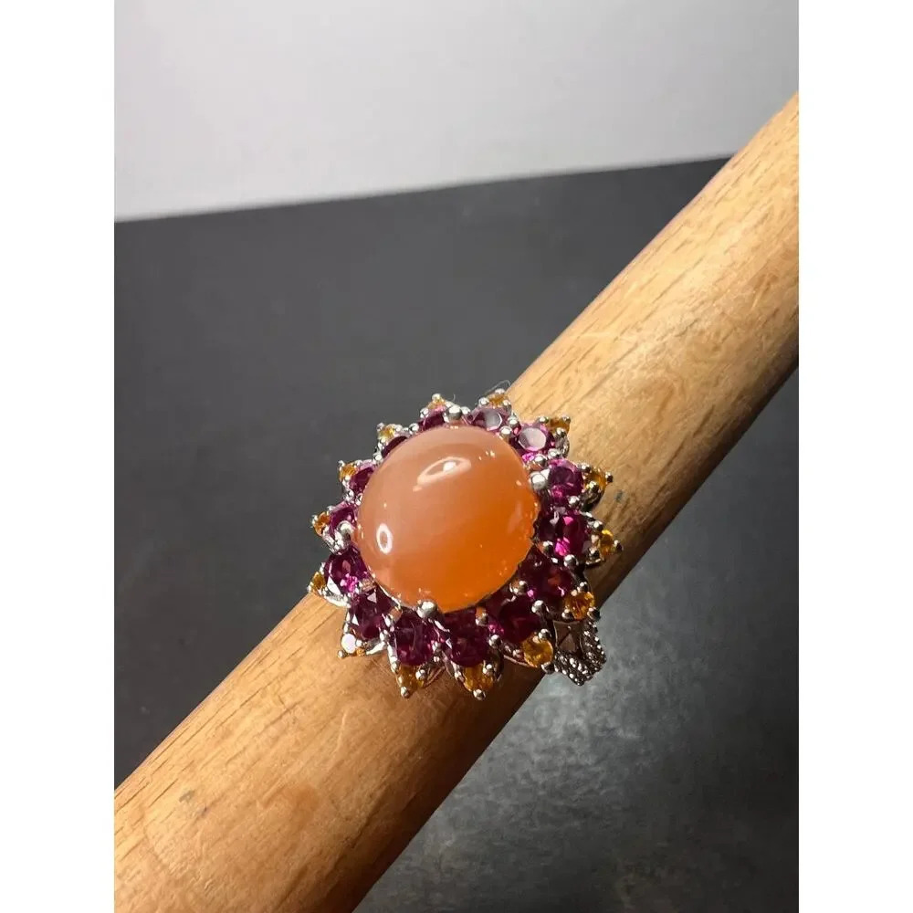 NEW Peach moonstone rhodolite garnet ring in sterling silver size 7